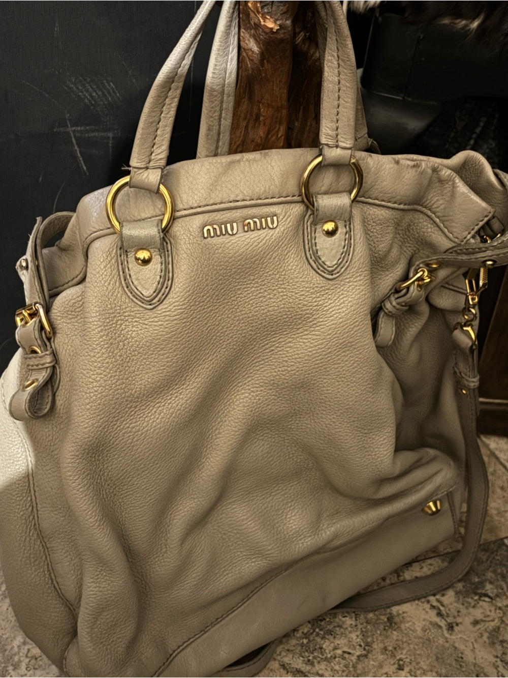 Miu Miu Taupe Pebbled Leather Tote with Gold-Tone Hardware